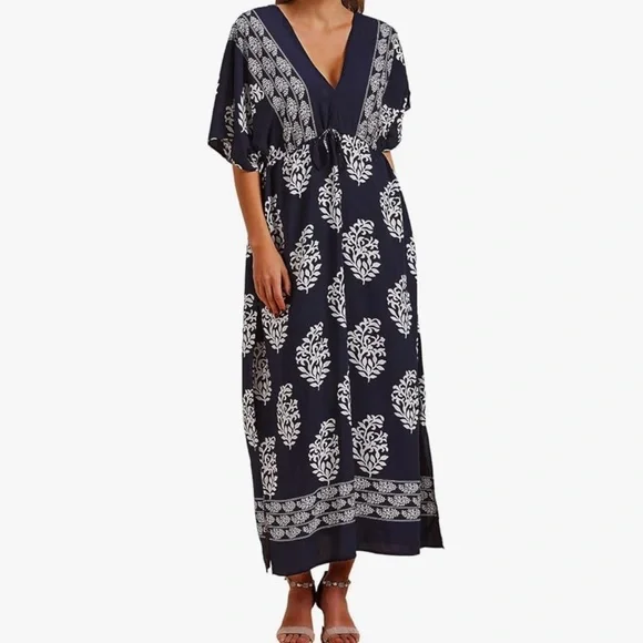 Kaftan Dress V Neck Swimsuit Cover Up Caftan Loungewear Beach Coverup Leaf Print - Picture 1 of 3